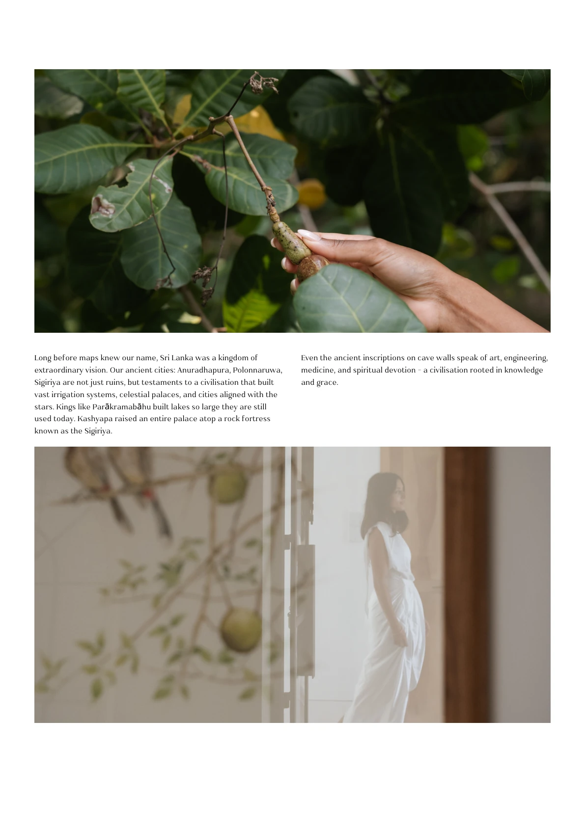 Long before maps knew our name, Sri Lanka was a kingdom of extraordinary vision. Our ancient cities: Anuradhapura, Polonnaruwa, Sigiriya are not just ruins, but testaments to a civilisation that built vast irrigation systems, celestial palaces, and cities aligned with the stars. Kings like Parākramabāhu built lakes so large they are still used today. Kashyapa raised an entire palace atop a rock fortress known as the Sigiriya. Even the ancient inscriptions on cave walls speak of art, engineering, medicine, and spiritual devotion - a civilisation rooted in knowledge and grace.